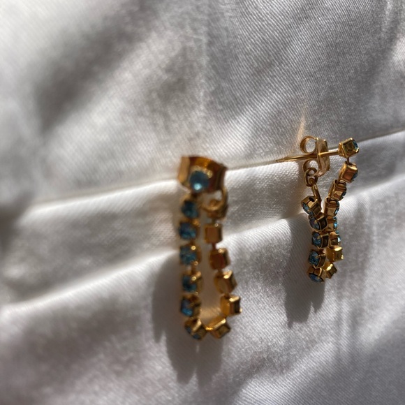 Aquamarine Blue Rhinestone Hoop Chain Gold Earrings - Picture 2 of 4